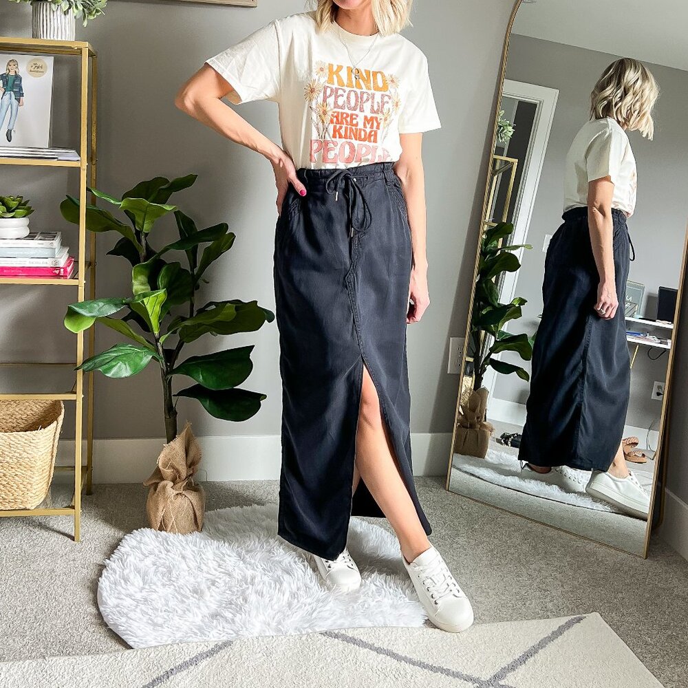 Black Drawstring Midi Skirt